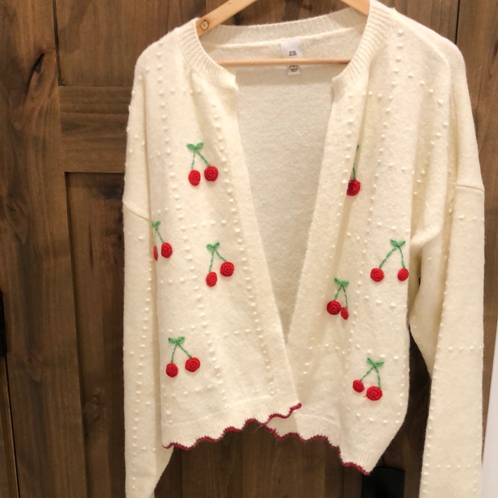 Cherry Embroidered Cream Sweater